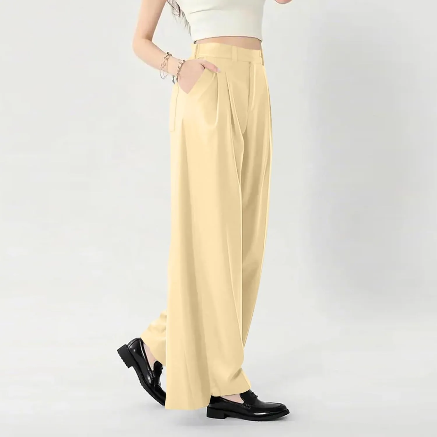 Women's Wide Legged Pants Pleated High Waisted with Pockets Flowy Trousers Business Casual Bottoms Trendy