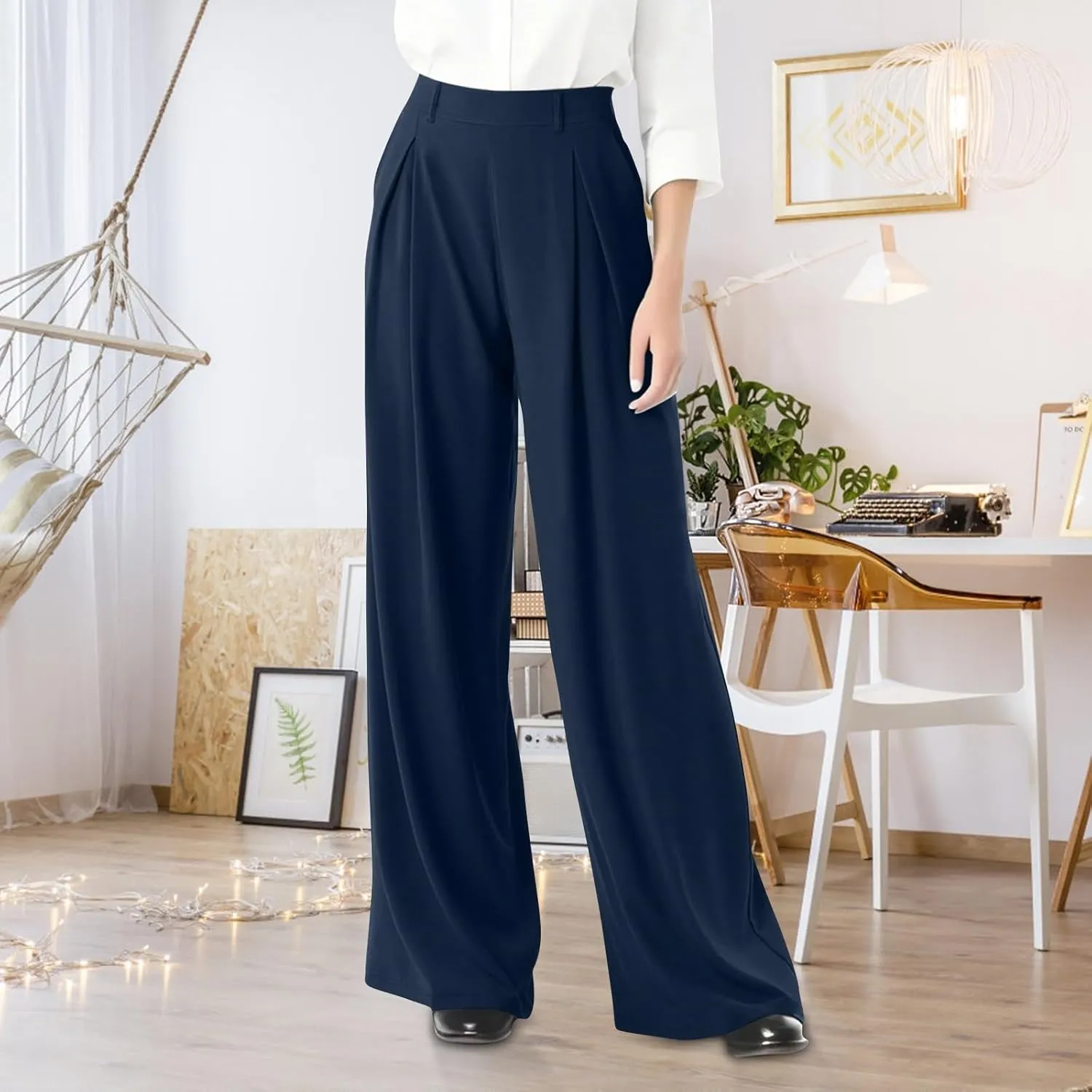 Women's Wide Legged Pants Pleated High Waisted with Pockets Flowy Trousers Business Casual Bottoms Trendy