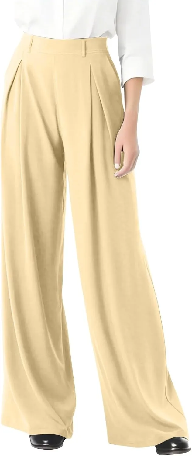 Women's Wide Legged Pants Pleated High Waisted with Pockets Flowy Trousers Business Casual Bottoms Trendy