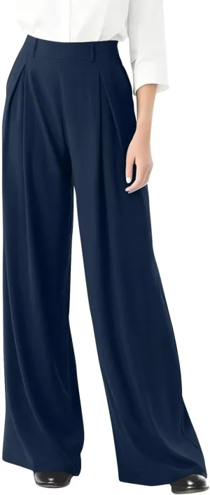 Women's Wide Legged Pants Pleated High Waisted with Pockets Flowy Trousers Business Casual Bottoms Trendy