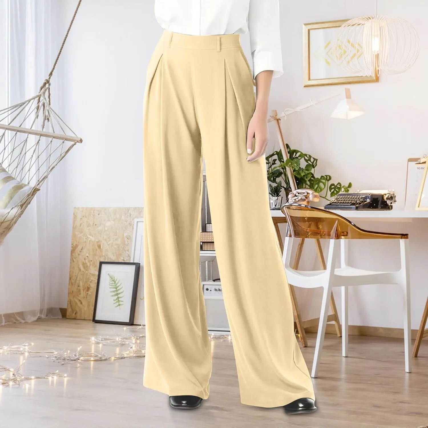 Women's Wide Legged Pants Pleated High Waisted with Pockets Flowy Trousers Business Casual Bottoms Trendy