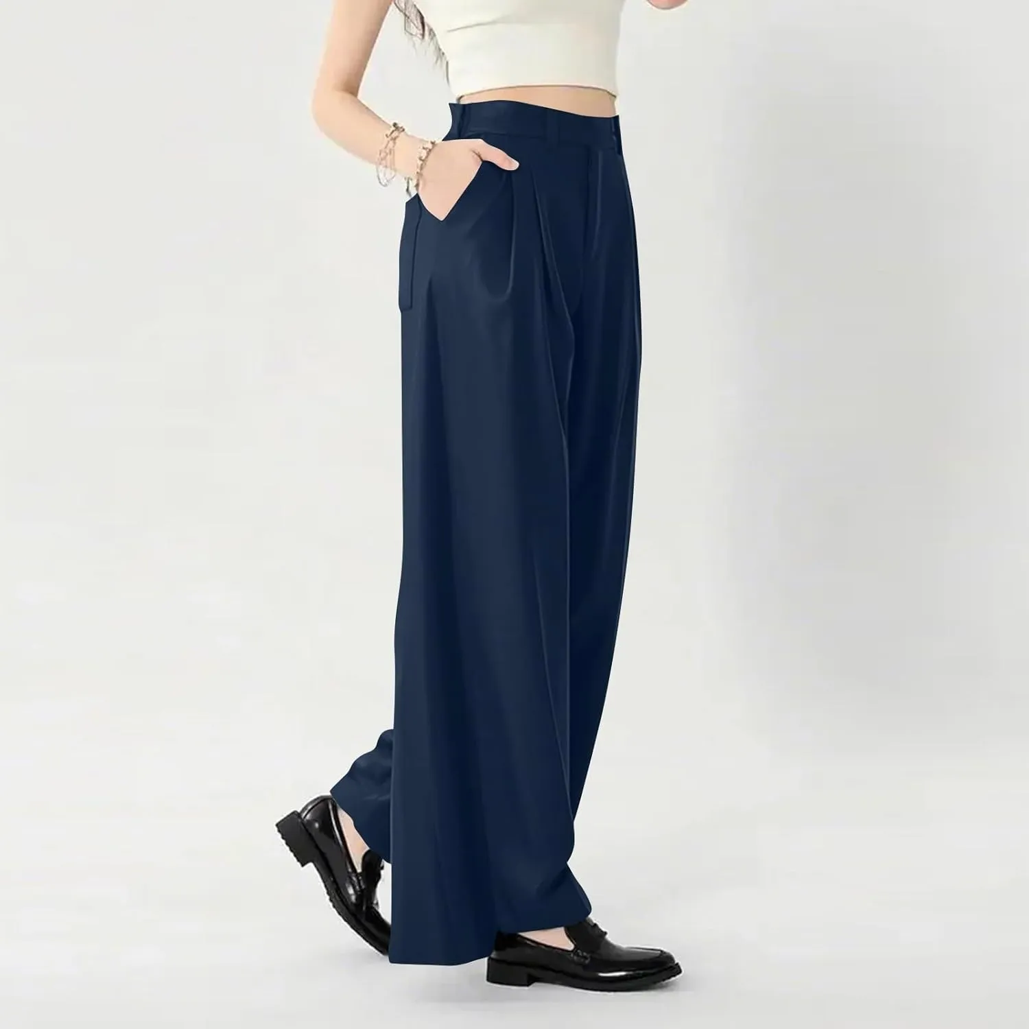 Women's Wide Legged Pants Pleated High Waisted with Pockets Flowy Trousers Business Casual Bottoms Trendy