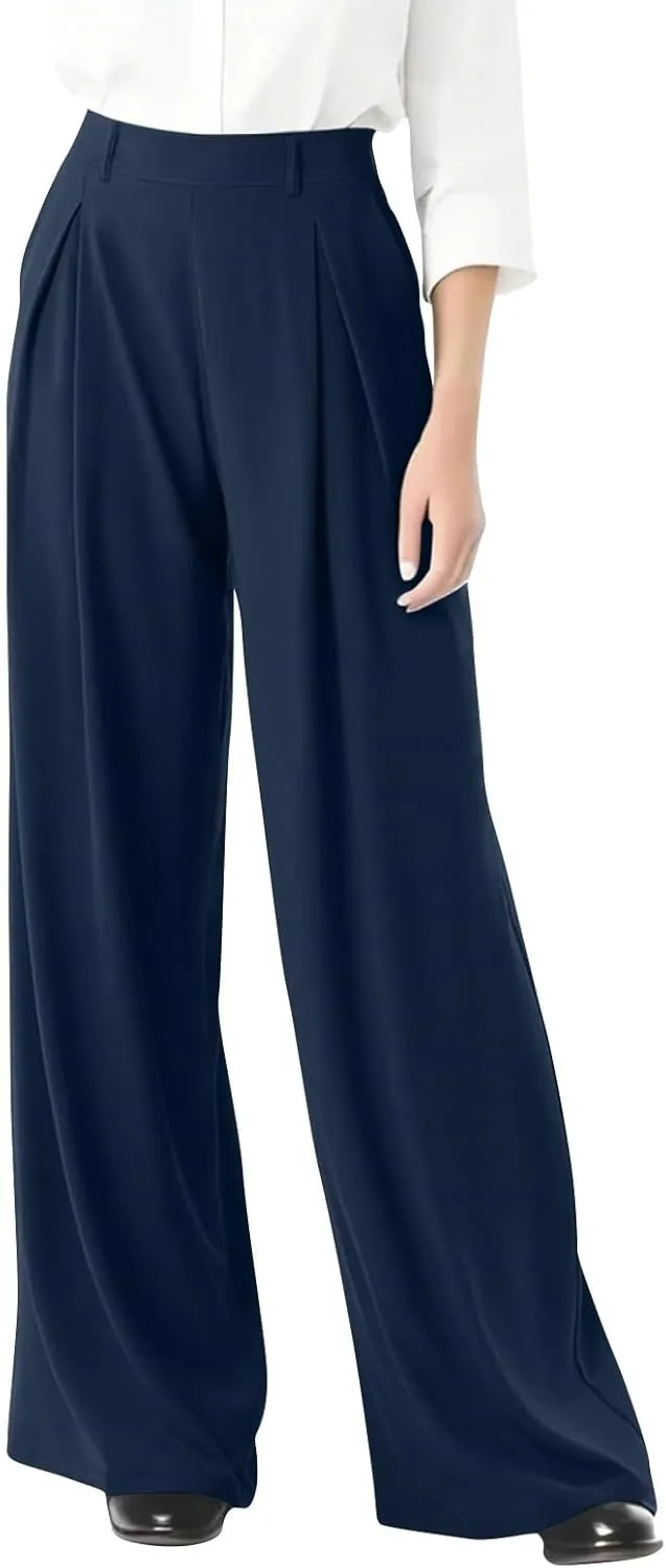 Women's Wide Legged Pants Pleated High Waisted with Pockets Flowy Trousers Business Casual Bottoms Trendy