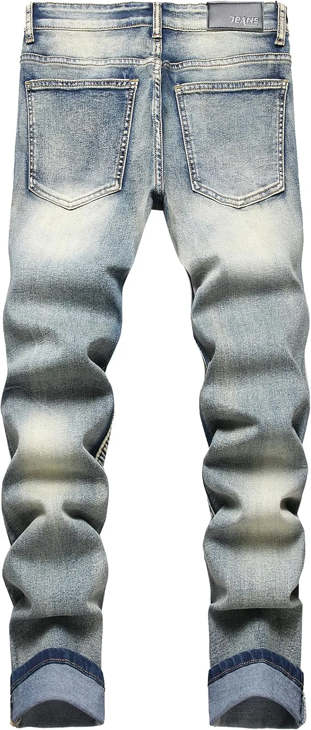 XIMXIMMTIAN Men's Biker Moto Washed Distressed Slim Fit Straight Jeans Denim