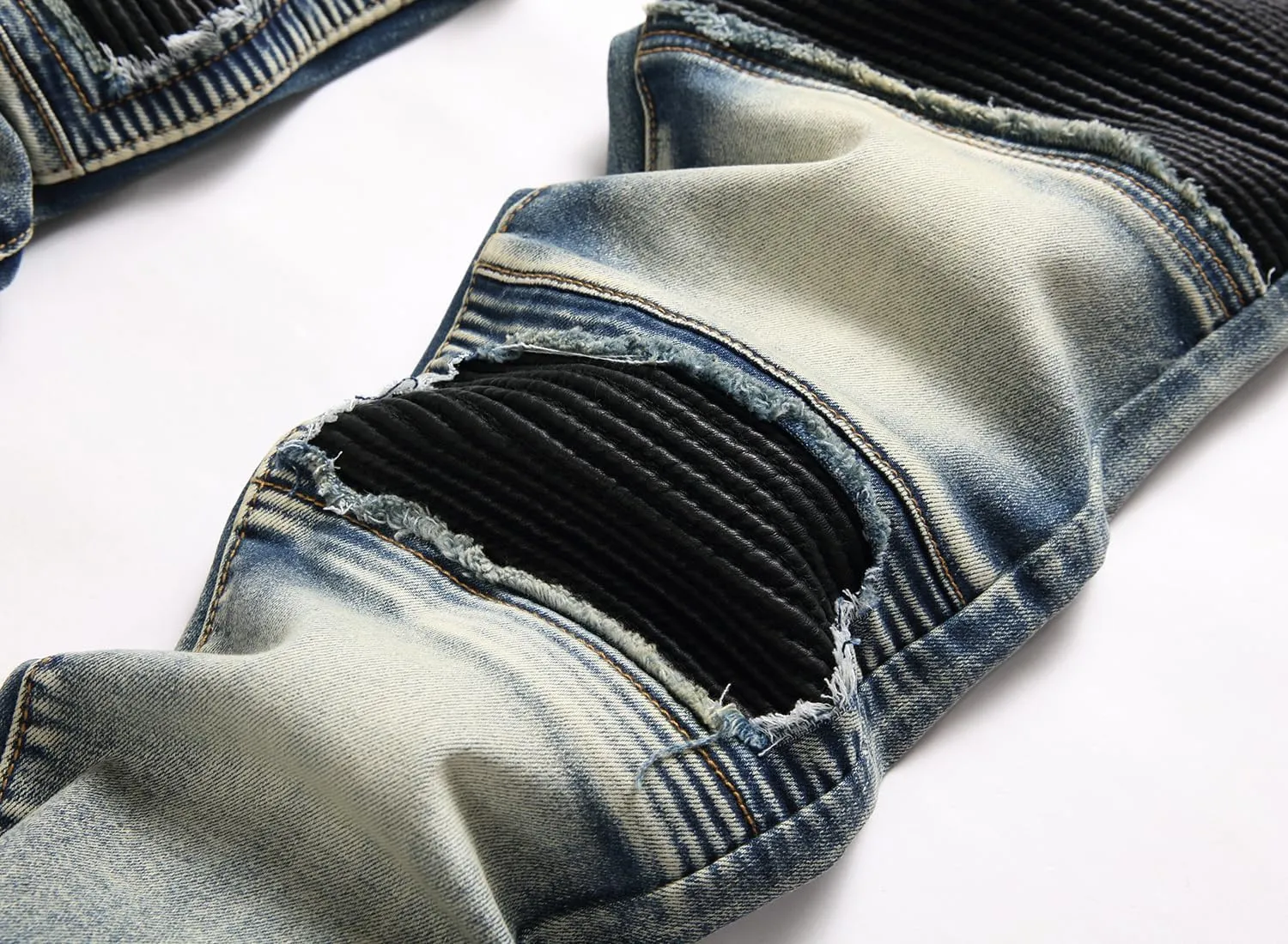 XIMXIMMTIAN Men's Biker Moto Washed Distressed Slim Fit Straight Jeans Denim