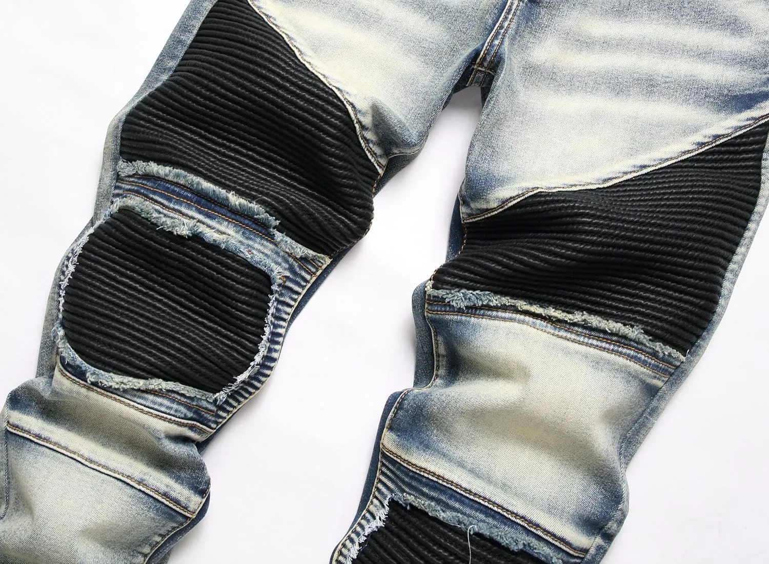 XIMXIMMTIAN Men's Biker Moto Washed Distressed Slim Fit Straight Jeans Denim