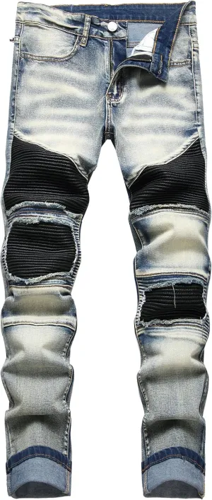 XIMXIMMTIAN Men's Biker Moto Washed Distressed Slim Fit Straight Jeans Denim