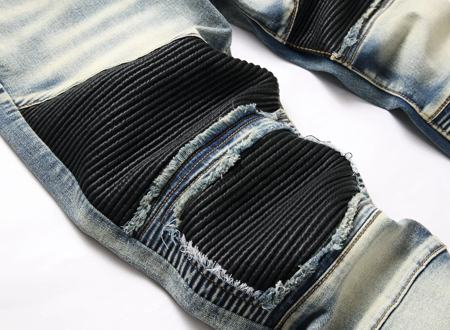 XIMXIMMTIAN Men's Biker Moto Washed Distressed Slim Fit Straight Jeans Denim