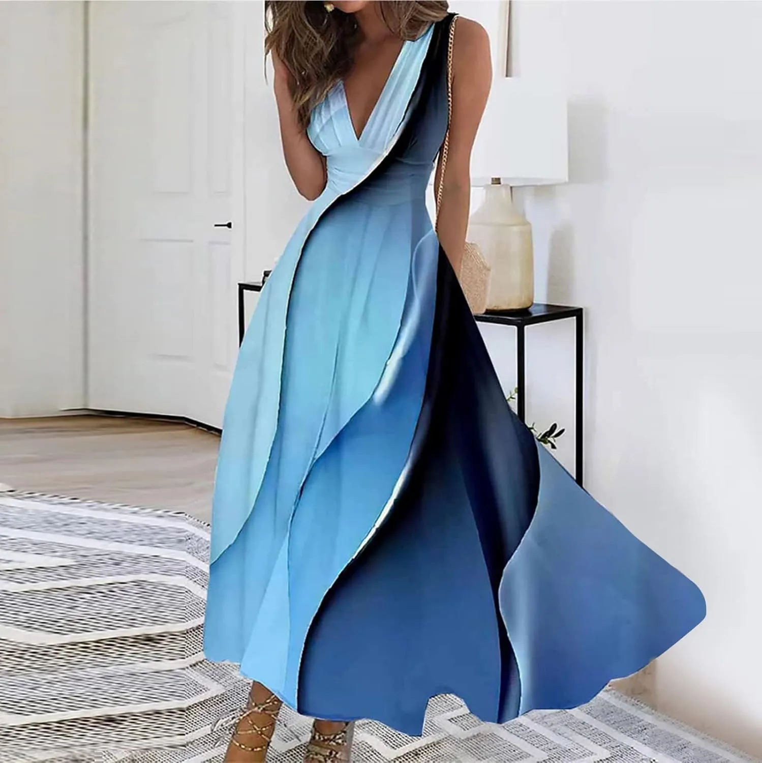 Yesunpxs Dresses for Women 2024 Wrap V Neck Flowy Ruched Maxi Dress Sleeveless Floral Printed Beach Dresses Boho Sundresses