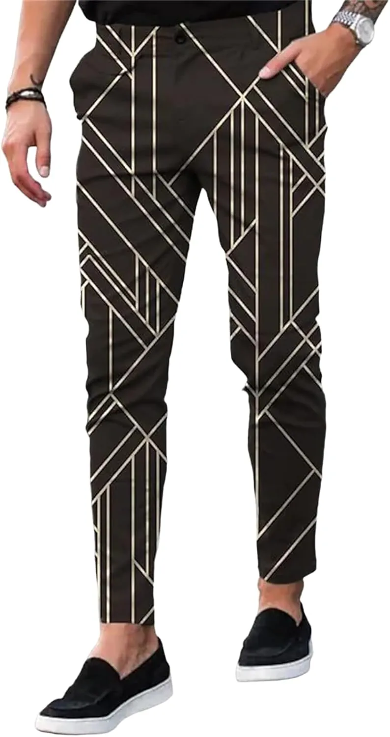 YIBIMOTTO Straight Dress Pants for Mens Business Suit Plaid Slacks Pants Slim Fit Pants Skinny Twill Checkered Casual Chino Long Trousers with Pockets,Brown Stripe,XXL