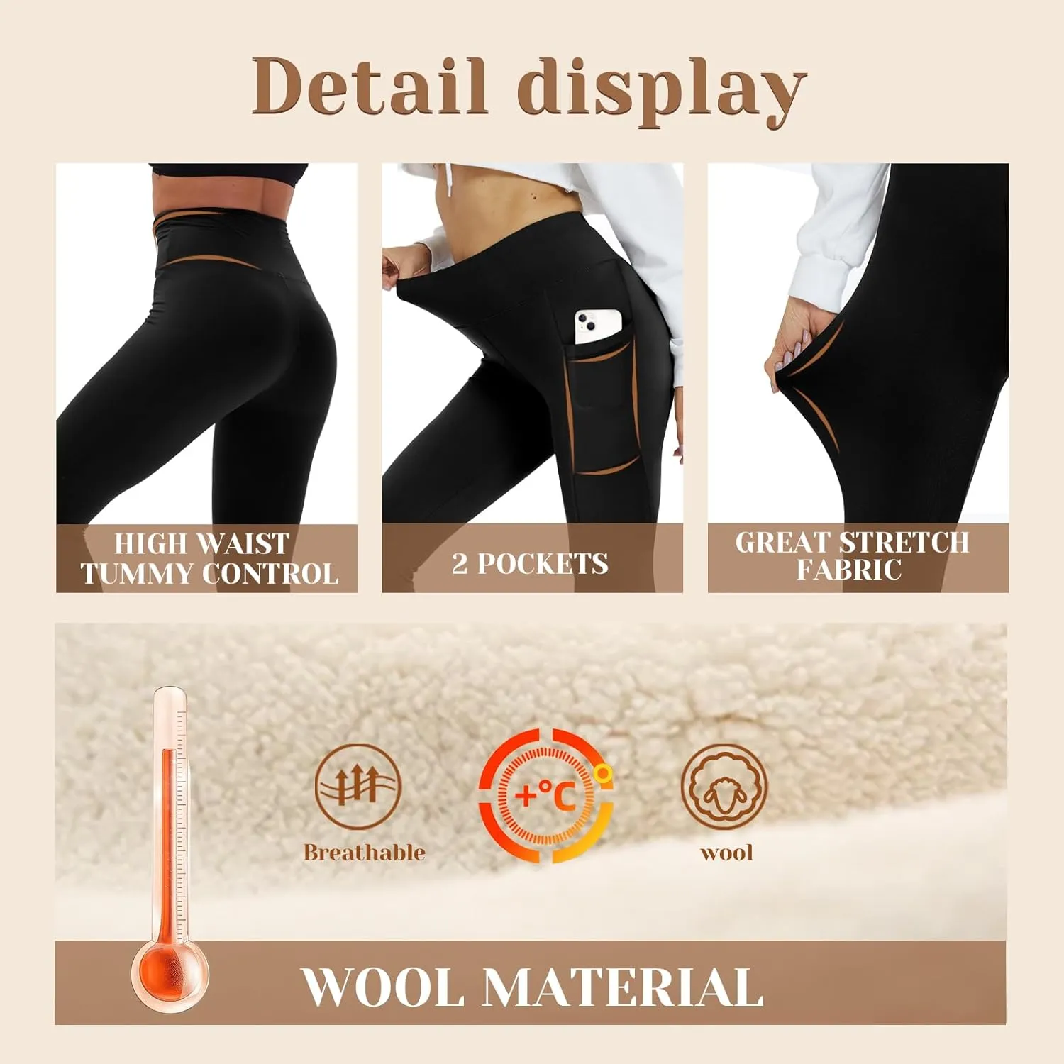 YOLIX 2 Pack Thick Fleece Lined Leggings Women with Pockets, Winter Black High Waisted Thermal Warm Yoga Pants