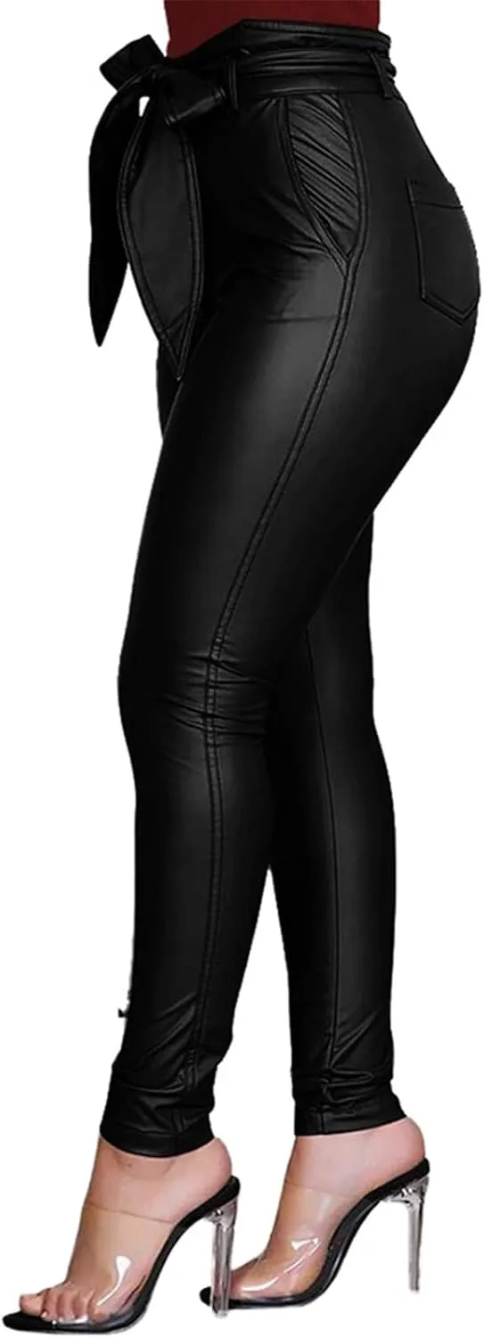 Yuemengxuan Women Sexy PU Leather Pants Ladies High Waist Stretchy Leggings Bow Pencil Skinny Trousers