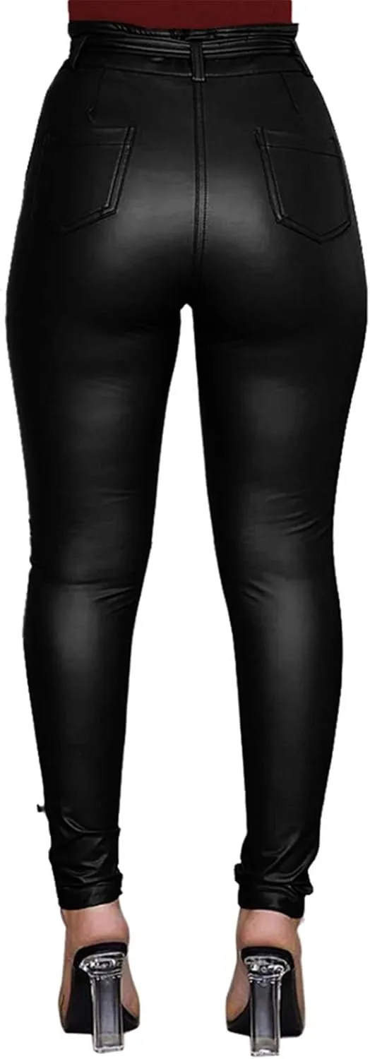 Yuemengxuan Women Sexy PU Leather Pants Ladies High Waist Stretchy Leggings Bow Pencil Skinny Trousers