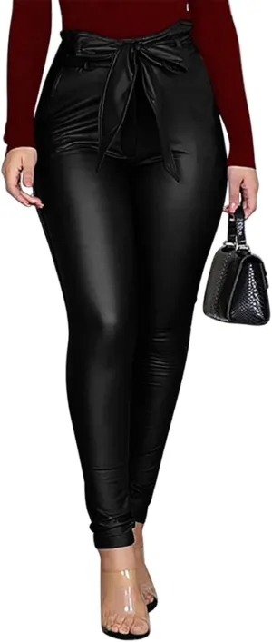 Yuemengxuan Women Sexy PU Leather Pants Ladies High Waist Stretchy Leggings Bow Pencil Skinny Trousers