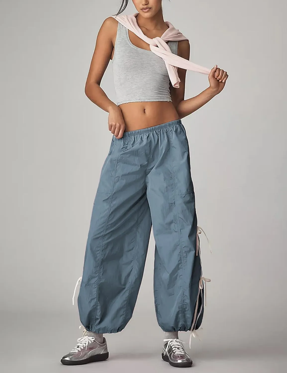 Zhiyouni Parachute Pants for Women Elastic High Waist Full Twist Hiking Cargo Pants Trousers