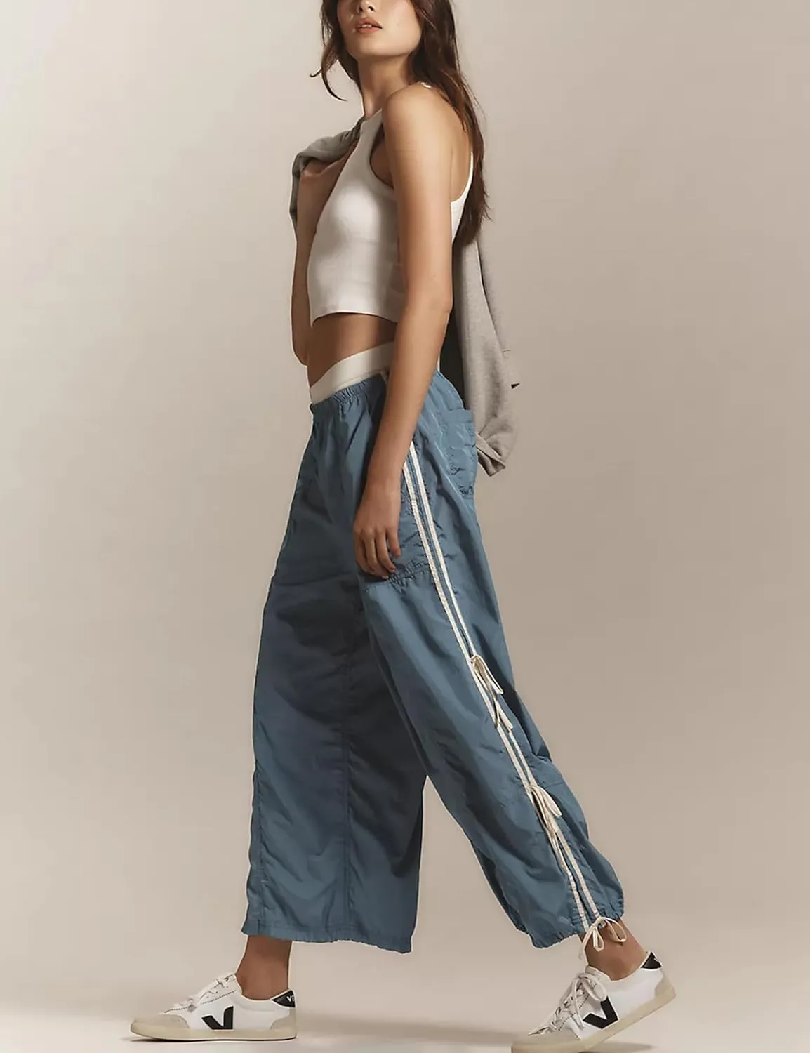 Zhiyouni Parachute Pants for Women Elastic High Waist Full Twist Hiking Cargo Pants Trousers