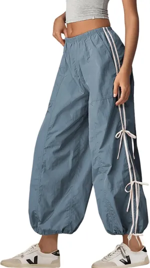 Zhiyouni Parachute Pants for Women Elastic High Waist Full Twist Hiking Cargo Pants Trousers