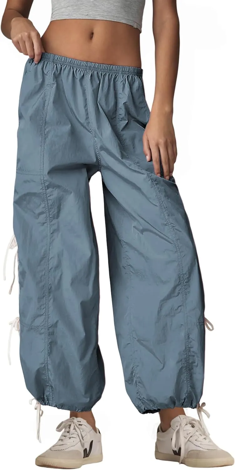 Zhiyouni Parachute Pants for Women Elastic High Waist Full Twist Hiking Cargo Pants Trousers
